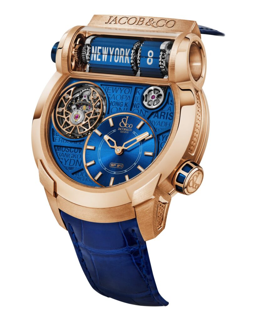 Viaja con estilo con el Jacob & Co Epic SF24 Tourbillon Blue Dial Rose Gold