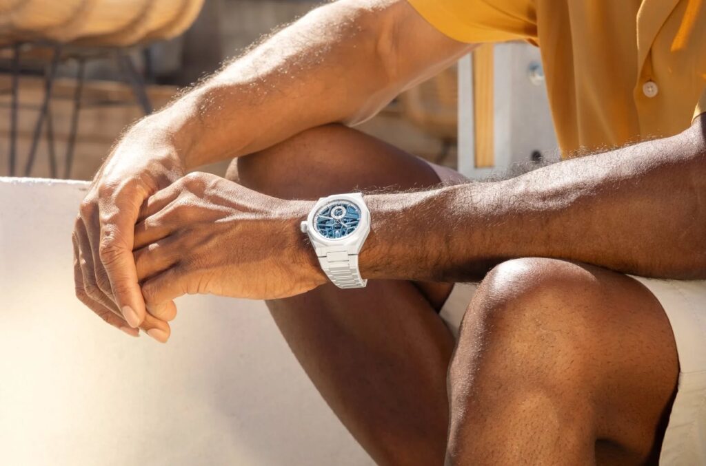 Zenith y Time + Tide presentan su tercera edición limitada "Surfer" con el Defy Skyline Skeleton White Surfer Ceramic