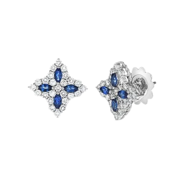 Princess Flower Blue Sapphire and Diamond Stud Earrings
