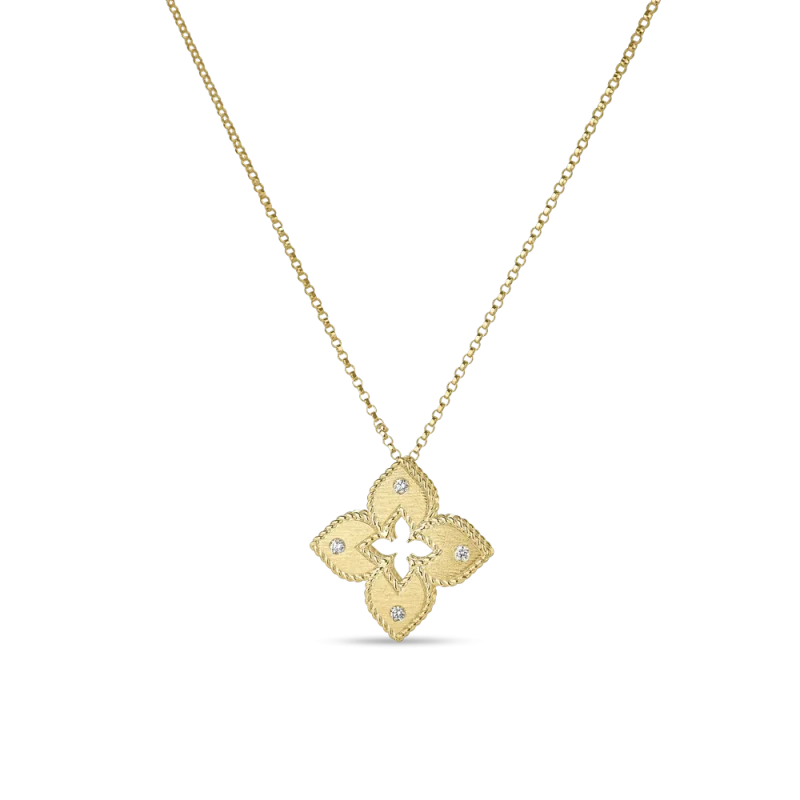 Collar Roberto Coin Venetian Princess flor, oro amarillo. Colgante con forma de flor y diamantes